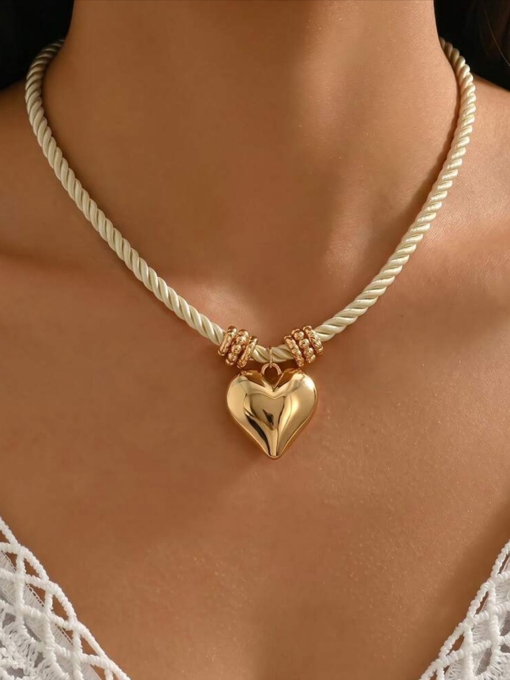 Classic Gold Heart Charm Necklace with Twisted Cable